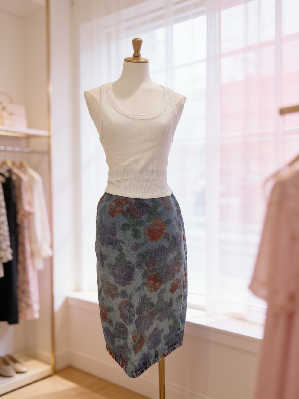Vintage BONGO Denim Pencil Skirt in Blue with Multicolor Blooms